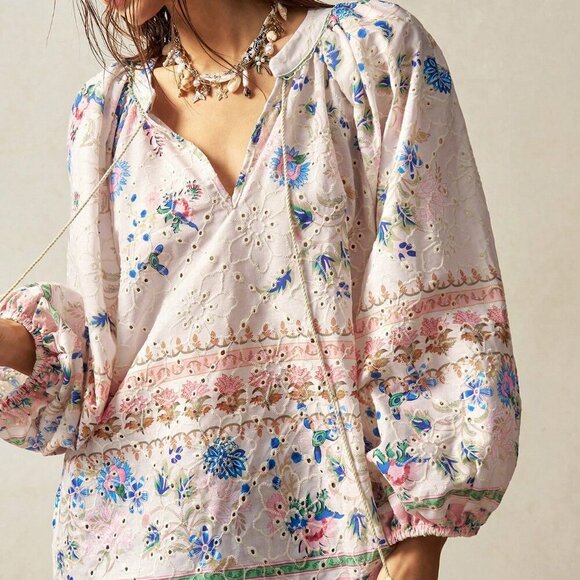 Boho Women's Plus Size Floral Print Hollow Out Embroidered Lantern Sleeve top - Picture 4 of 7